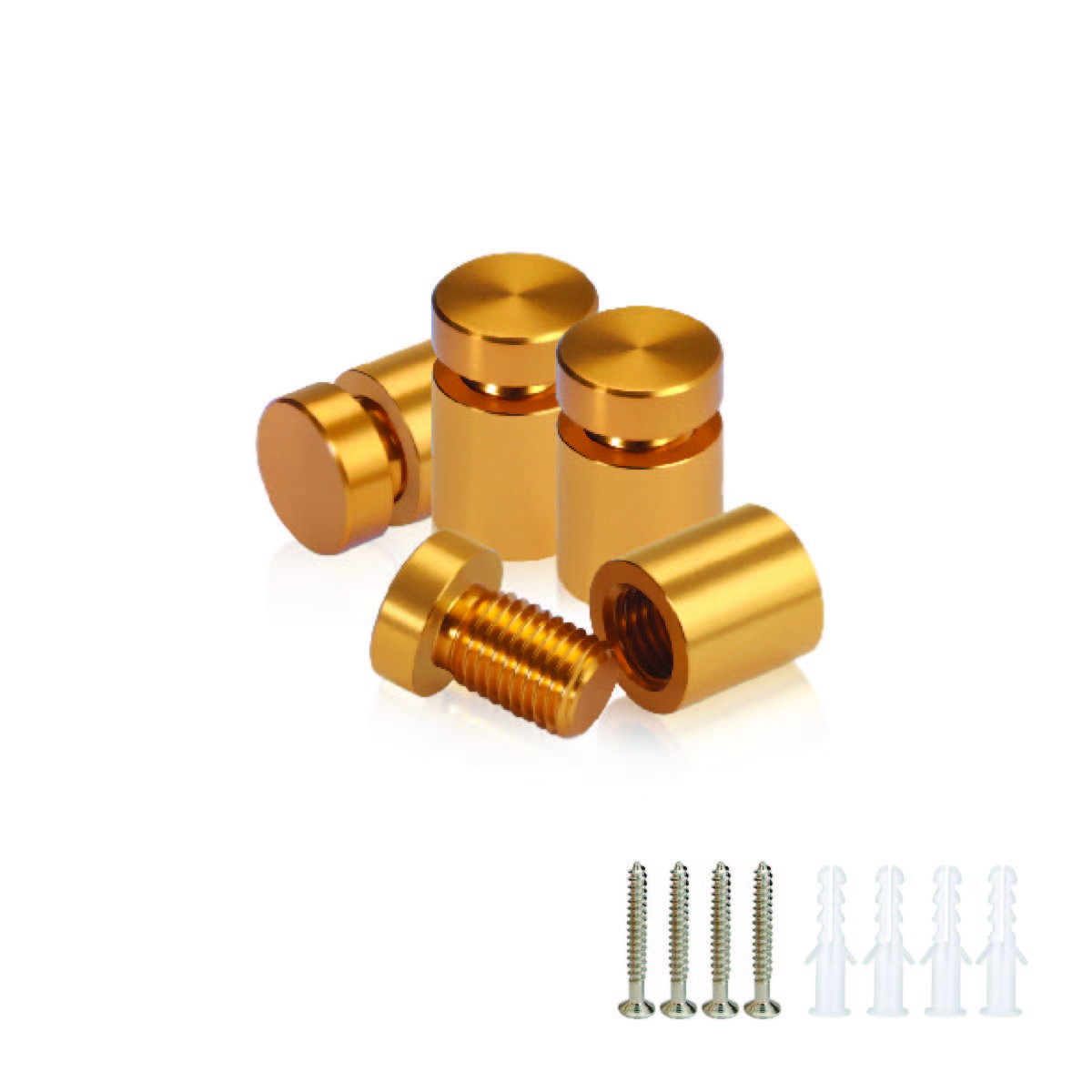 (Set of 4) 1/2'' Diameter X 1/2'' Barrel Length, Affordable Aluminum Standoffs, Gold Anodized Finish Standoff and (4) 2208Z Screw and (4) LANC1 Anchor for concrete/drywall (For Inside/Outside) [Required Material Hole Size: 3/8'']