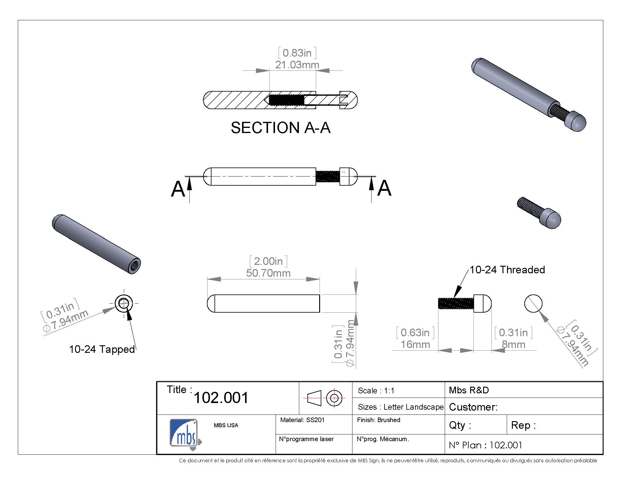 1/4'' Diameter x 2'' Length Conical Desktop Table Standoffs (Aluminum