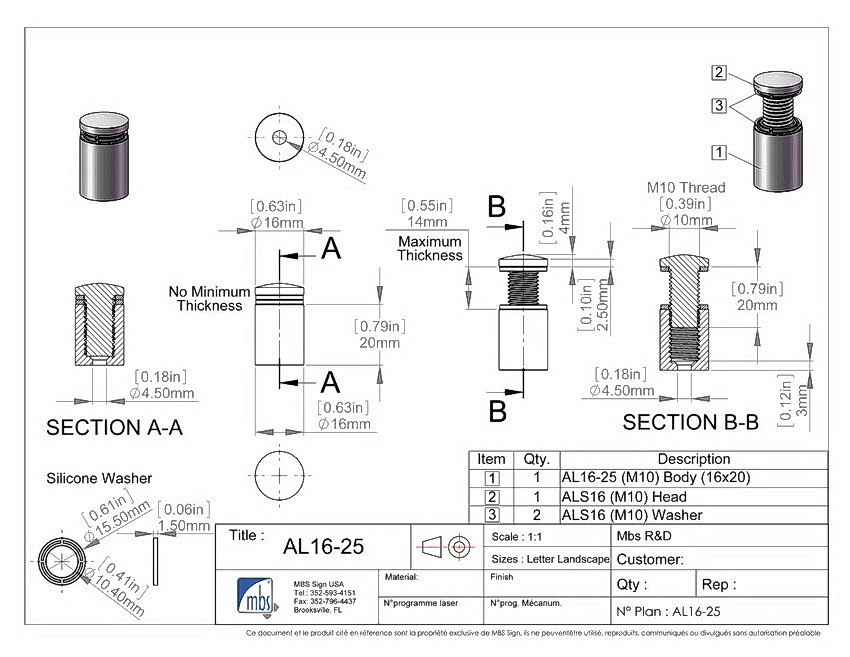 (Set of 4) 5/8'' Diameter X 3/4'' Barrel Length, Aluminum Rounded Head
