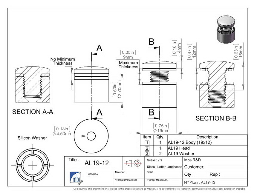 Aluminum Standoffs, Diameter 3/4'', Standoff 1/2'', Aluminum Bronze