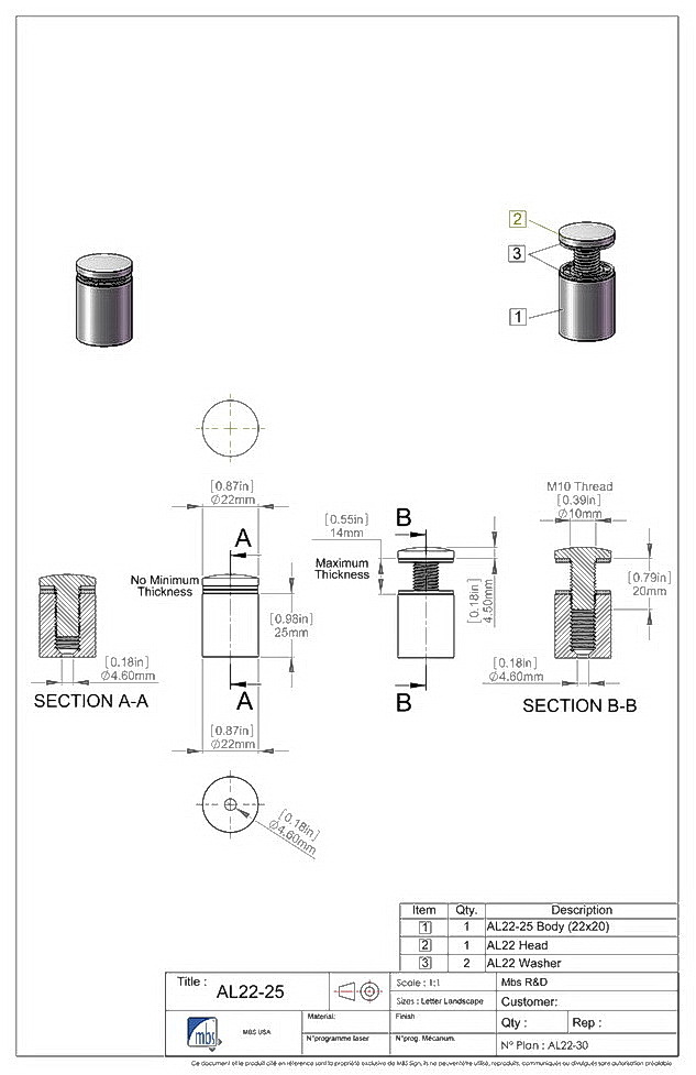 Aluminum Standoffs, Diameter 7/8, Standoff 1, Aluminum Bronze