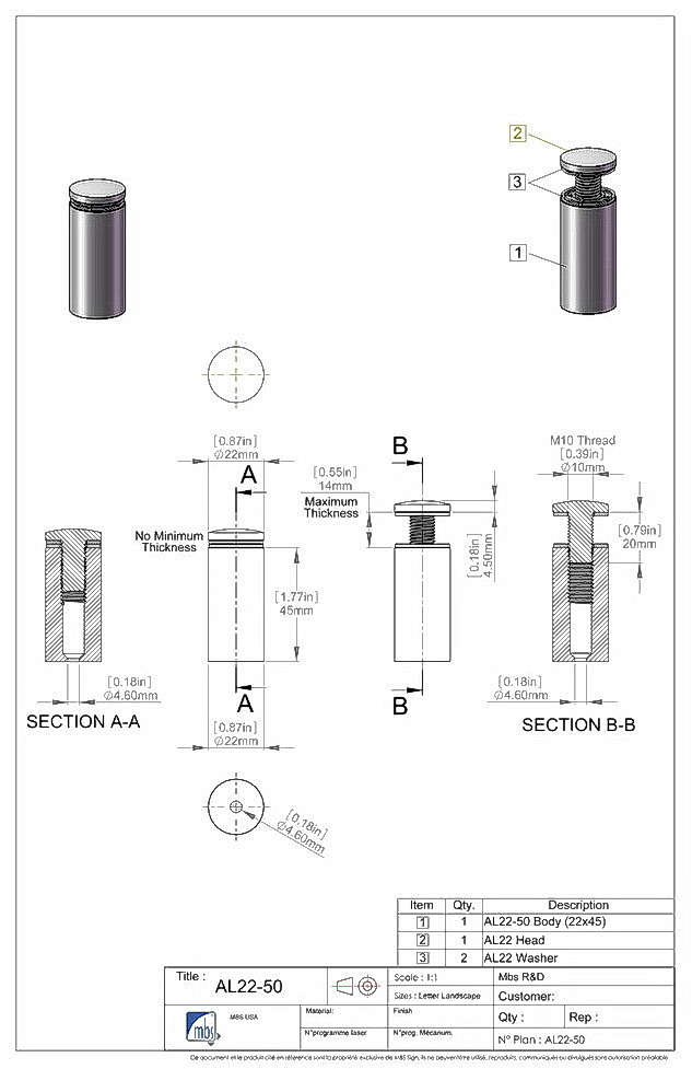 (Set of 4) 7/8'' Diameter X 13/4'' Barrel Length, Aluminum Rounded