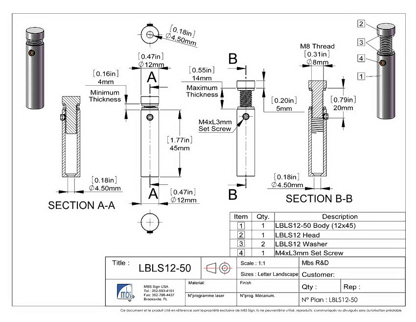(Set of 4) 1/2'' Diameter X 13/4'' Barrel Length, (304) Stainless
