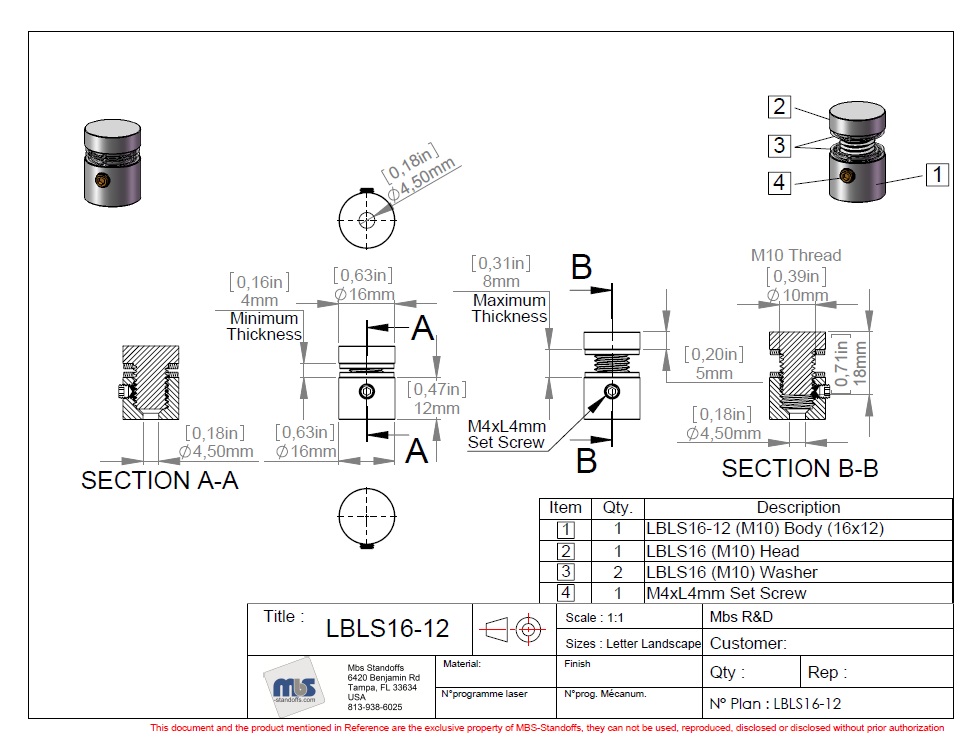 (Set of 4) 5/8'' Diameter X 1/2'' Barrel Length, (304) Stainless Steel