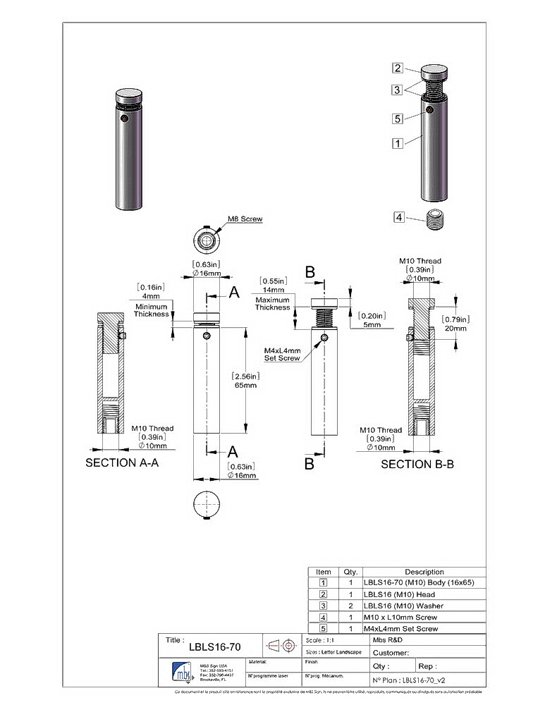 (Set of 4) 5/8'' Diameter X 21/2'' Barrel Length, (304) Stainless