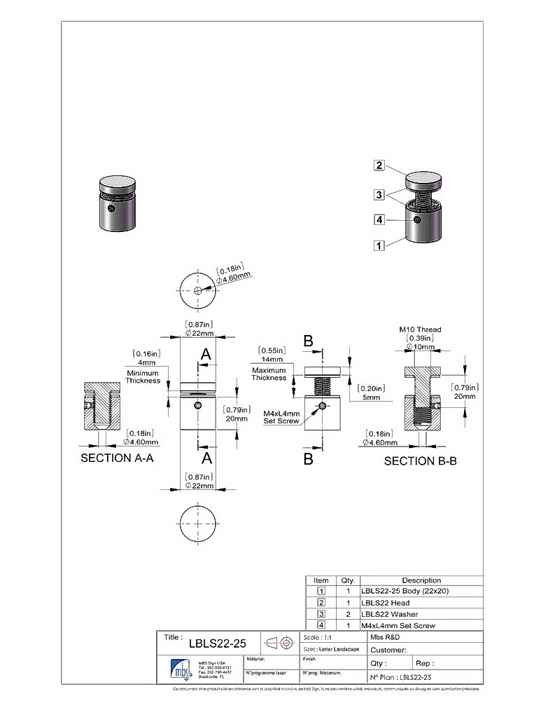 Stainless Steel Locking Standoffs, Diameter 7/8'', Standoff 3/4
