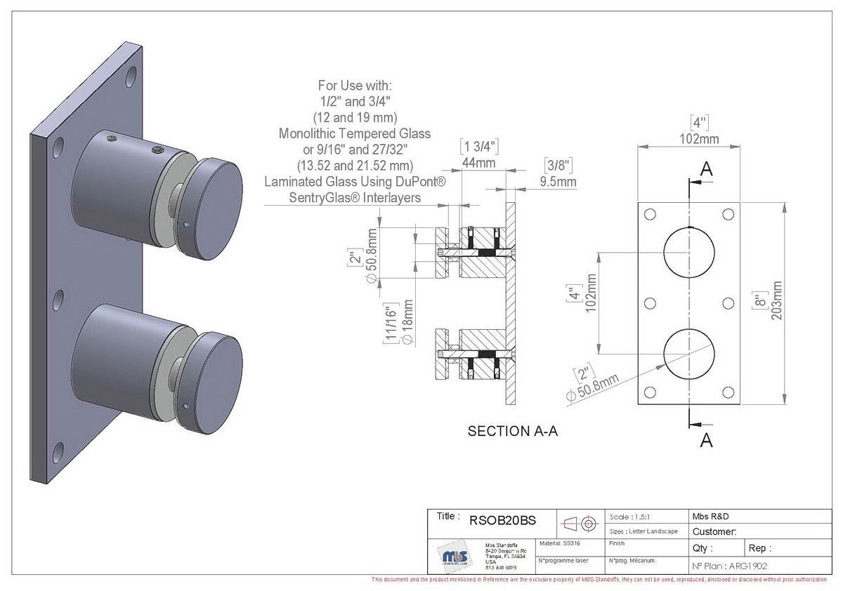 316 Brushed Stainless Steel Standard 2'' Glass Rail Standoff Fitting