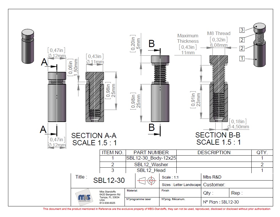 1/2'' Diameter X 1'' Barrel Length, Stainless Steel Brushed Finish