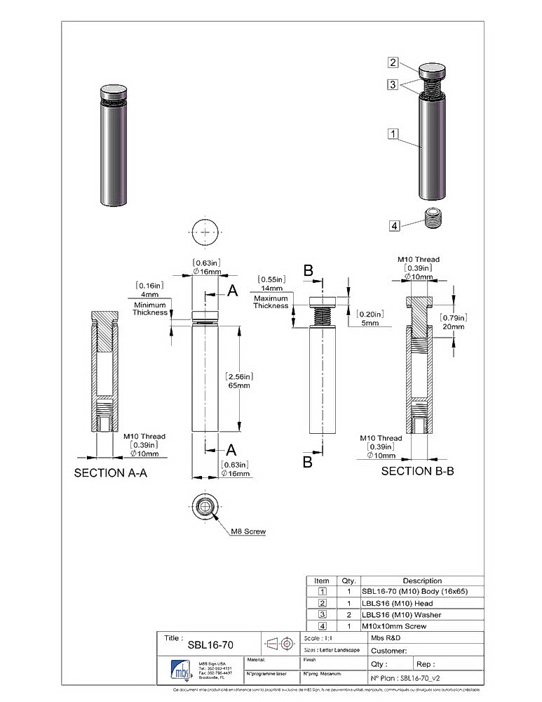 (Set of 4) 5/8'' Diameter X 21/2'' Barrel Length, Stainless Steel