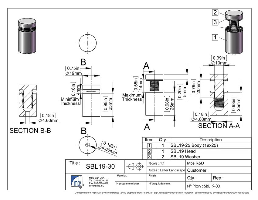 3/4'' Diameter X 1'' Barrel Length, Stainless Steel Brushed Finish