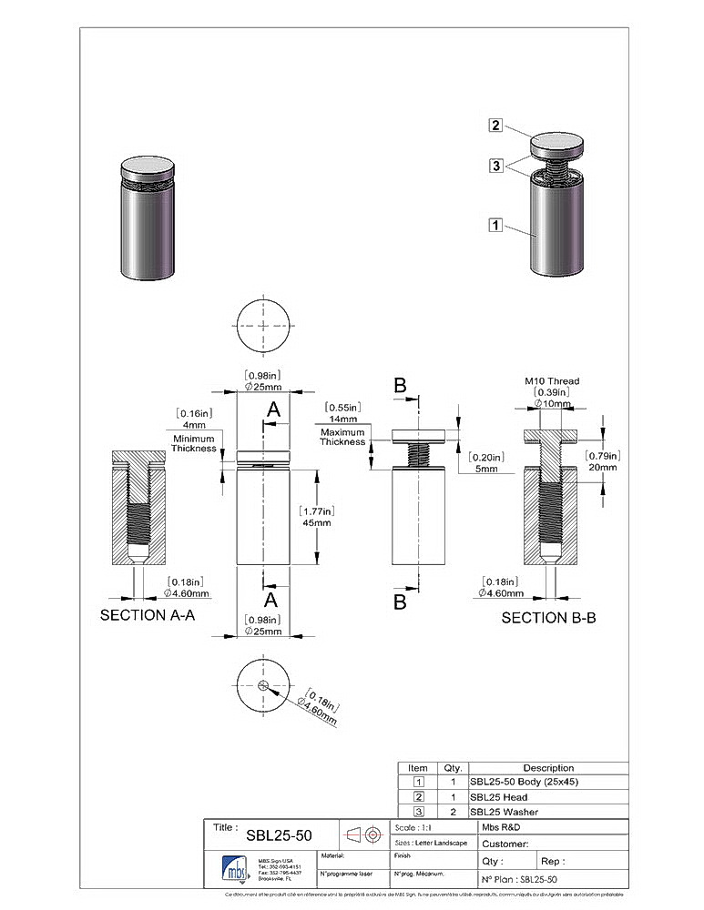 1'' Diameter X 13/4'' Barrel Length, Stainless Steel Brushed Finish