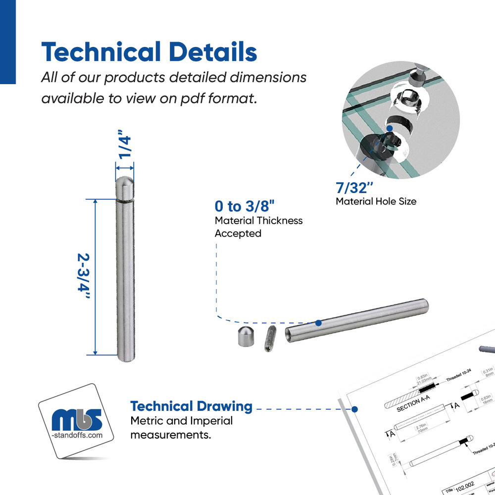 1/4'' Diameter x 23/4'' Length Cylinder Desktop Table Standoffs