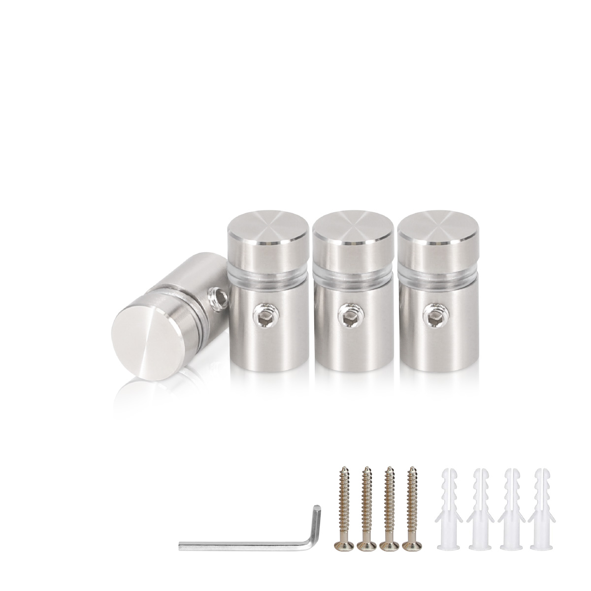 Set of 4) 1/2'' Dia. X 1/2'' Barrel Length, (316 Marine Grade) Stainless  Steel Brushed Finish. Easy Fasten Standoff with (4) 2208Z Screw and (4)  LANC1 Anchor for concrete/drywall and (1) M4