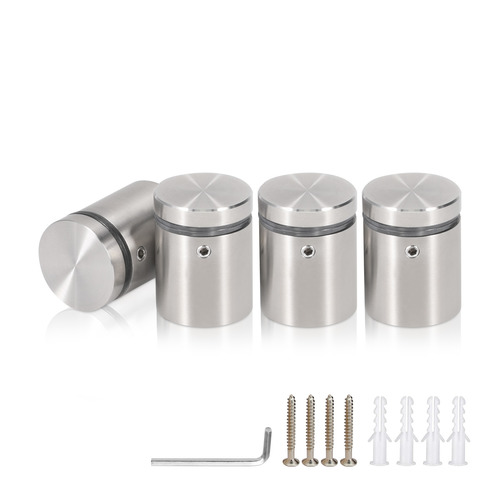 (Set of 4) 1'' Dia. X 1'' Barrel Length, (316 Marine Grade) Stainless Steel Brushed Finish. Easy Fasten Standoff with (4) 2216Z Screws and (4) LANC1 Anchors for concrete/drywall and (1) M4 Allen Key (For  In/Out use) [Req. Mat. Hole Size: 7/16'']