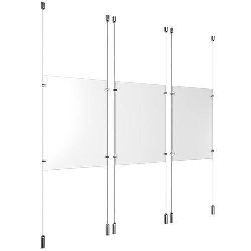 (3) 11'' Width x 17'' Height Clear Acrylic Frame & (6) Ceiling-to-Floor Aluminum Clear Anodized Cable Systems with (12) Single-Sided Panel Grippers