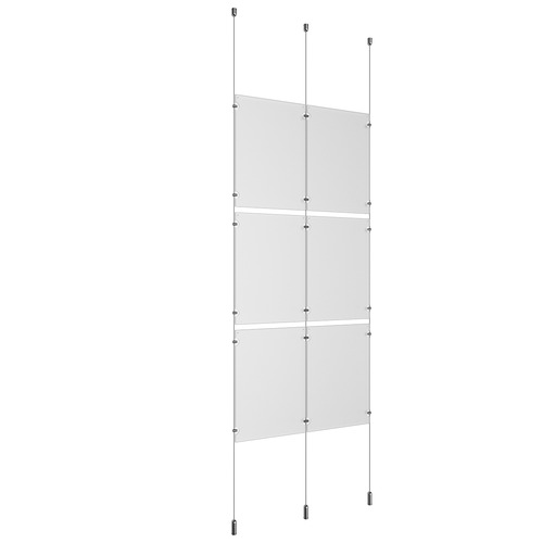 (6) 11'' Width x 17'' Height Clear Acrylic Frame & (3) Ceiling-to-Floor Aluminum Clear Anodized Cable Systems with (12) Single-Sided Panel Grippers (6) Double-Sided Panel Grippers