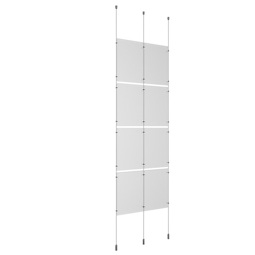 (8) 11'' Width x 17'' Height Clear Acrylic Frame & (3) Ceiling-to-Floor Aluminum Clear Anodized Cable Systems with (16) Single-Sided Panel Grippers (8) Double-Sided Panel Grippers