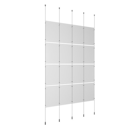 (16) 11'' Width x 17'' Height Clear Acrylic Frame & (5) Ceiling-to-Floor Aluminum Clear Anodized Cable Systems with (16) Single-Sided Panel Grippers (24) Double-Sided Panel Grippers