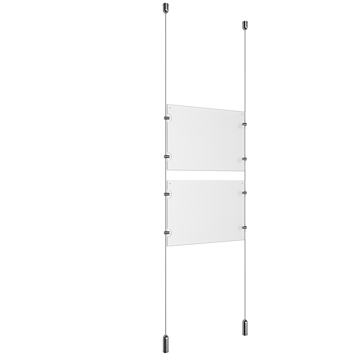(2) 11'' Width x 8-1/2'' Height Clear Acrylic Frame & (2) Ceiling-to-Floor Aluminum Clear Anodized Cable Systems with (8) Single-Sided Panel Grippers