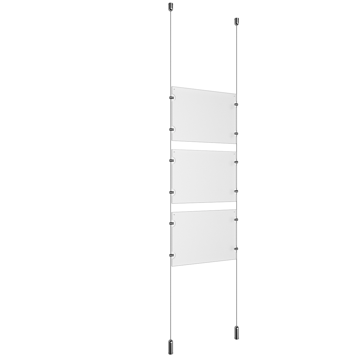(3) 11'' Width x 8-1/2'' Height Clear Acrylic Frame & (2) Ceiling-to-Floor Aluminum Clear Anodized Cable Systems with (12) Single-Sided Panel Grippers