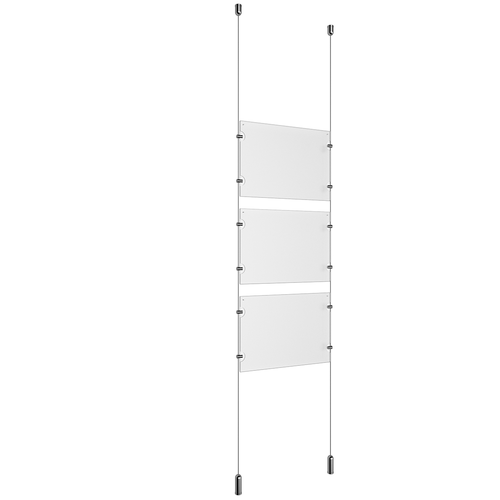 (3) 11'' Width x 8-1/2'' Height Clear Acrylic Frame & (2) Ceiling-to-Floor Aluminum Clear Anodized Cable Systems with (12) Single-Sided Panel Grippers