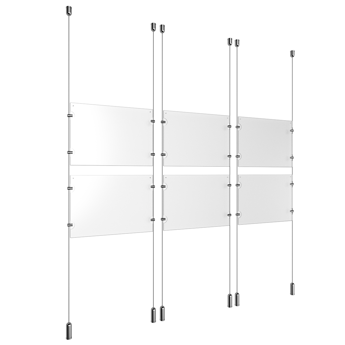 (6) 11'' Width x 8-1/2'' Height Clear Acrylic Frame & (6) Ceiling-to-Floor Aluminum Clear Anodized Cable Systems with (24) Single-Sided Panel Grippers
