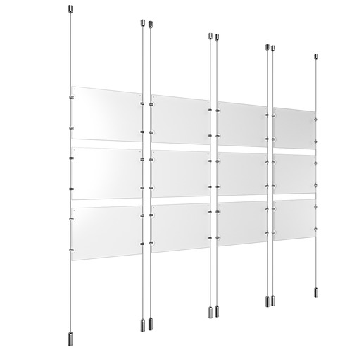 (12) 11'' Width x 8-1/2'' Height Clear Acrylic Frame & (8) Ceiling-to-Floor Aluminum Clear Anodized Cable Systems with (48) Single-Sided Panel Grippers