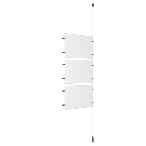 (3) 11'' Width x 8-1/2'' Height Clear Acrylic Frame & (1) Ceiling-to-Floor Aluminum Clear Anodized Cable Systems with (6) Single-Sided Panel Grippers (6) Double-Sided Panel Grippers