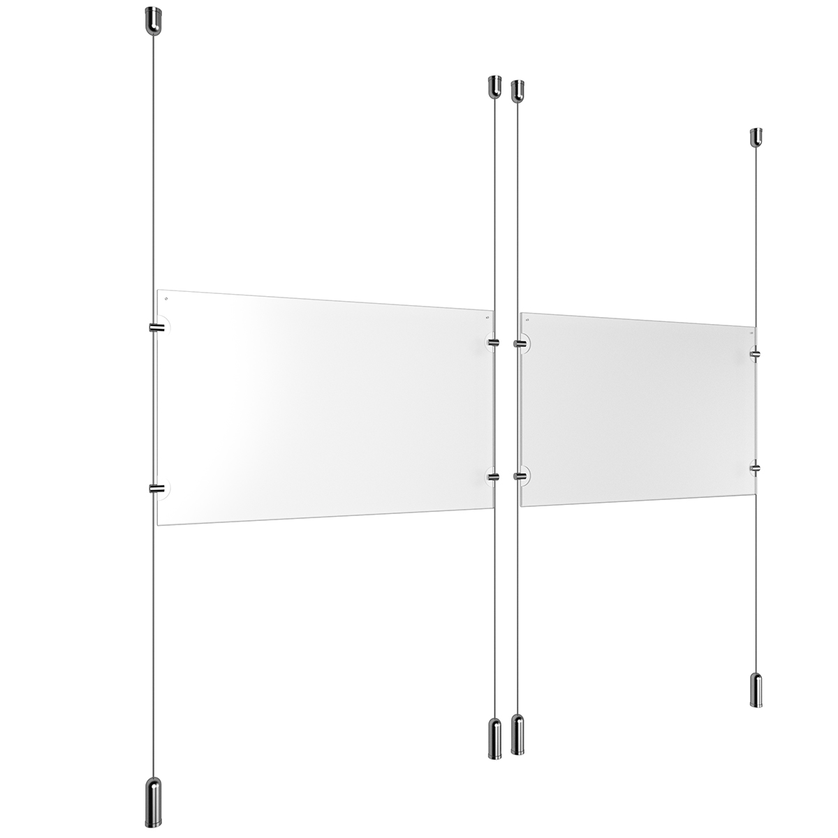 (2) 17'' Width x 11'' Height Clear Acrylic Frame & (4) Ceiling-to-Floor Aluminum Clear Anodized Cable Systems with (8) Single-Sided Panel Grippers