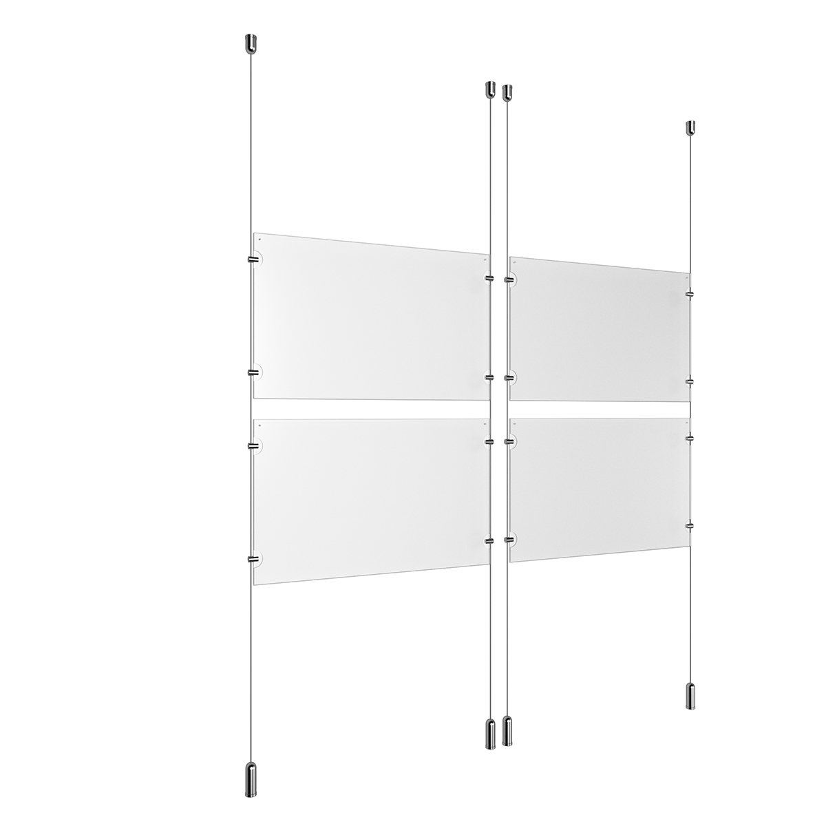 (4) 17'' Width x 11'' Height Clear Acrylic Frame & (4) Ceiling-to-Floor Aluminum Clear Anodized Cable Systems with (16) Single-Sided Panel Grippers