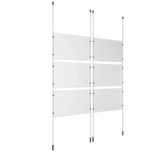 (6) 17'' Width x 11'' Height Clear Acrylic Frame & (4) Ceiling-to-Floor Aluminum Clear Anodized Cable Systems with (24) Single-Sided Panel Grippers