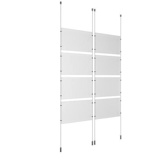 (8) 17'' Width x 11'' Height Clear Acrylic Frame & (4) Ceiling-to-Floor Aluminum Clear Anodized Cable Systems with (32) Single-Sided Panel Grippers