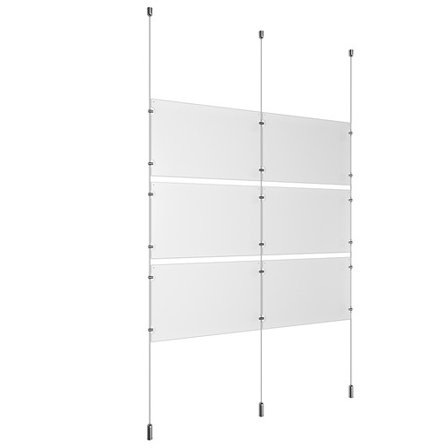 (6) 17'' Width x 11'' Height Clear Acrylic Frame & (3) Ceiling-to-Floor Aluminum Clear Anodized Cable Systems with (12) Single-Sided Panel Grippers (6) Double-Sided Panel Grippers