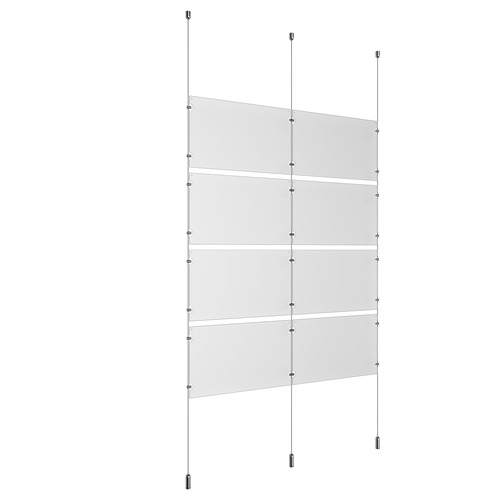 (8) 17'' Width x 11'' Height Clear Acrylic Frame & (3) Ceiling-to-Floor Aluminum Clear Anodized Cable Systems with (16) Single-Sided Panel Grippers (8) Double-Sided Panel Grippers