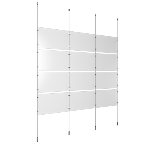 (12) 17'' Width x 11'' Height Clear Acrylic Frame & (4) Ceiling-to-Floor Aluminum Clear Anodized Cable Systems with (16) Single-Sided Panel Grippers (16) Double-Sided Panel Grippers