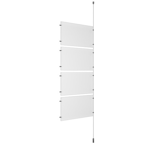 (4) 17'' Width x 11'' Height Clear Acrylic Frame & (1) Ceiling-to-Floor Aluminum Clear Anodized Cable Systems with (8) Single-Sided Panel Grippers (8) Double-Sided Panel Grippers