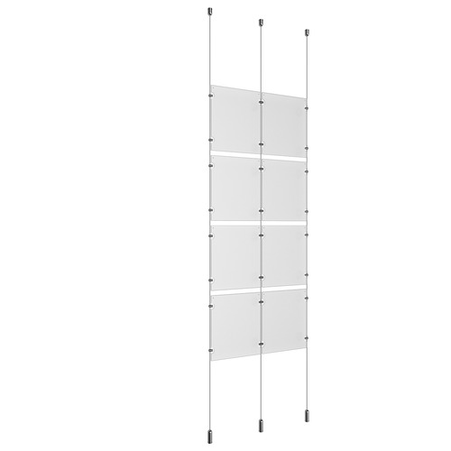 (8) 8-1/2'' Width x 11'' Height Clear Acrylic Frame & (3) Ceiling-to-Floor Aluminum Clear Anodized Cable Systems with (16) Single-Sided Panel Grippers (8) Double-Sided Panel Grippers