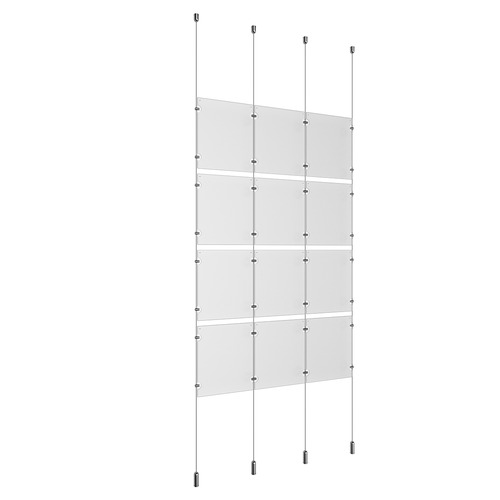 (12) 8-1/2'' Width x 11'' Height Clear Acrylic Frame & (4) Ceiling-to-Floor Aluminum Clear Anodized Cable Systems with (16) Single-Sided Panel Grippers (16) Double-Sided Panel Grippers