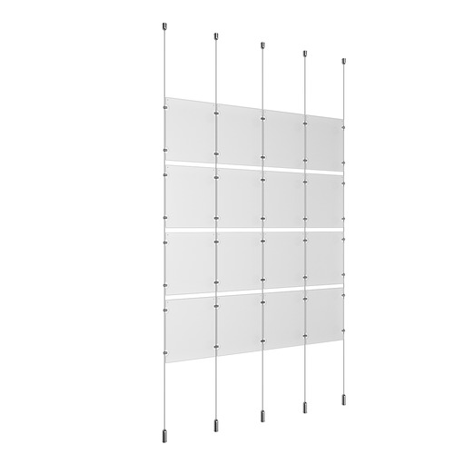 (16) 8-1/2'' Width x 11'' Height Clear Acrylic Frame & (5) Ceiling-to-Floor Aluminum Clear Anodized Cable Systems with (16) Single-Sided Panel Grippers (24) Double-Sided Panel Grippers