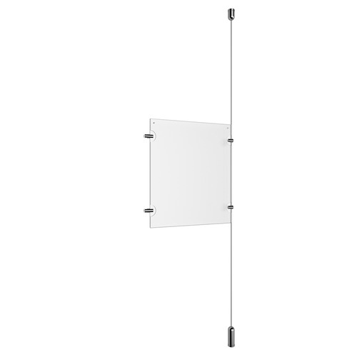 (1) 8-1/2'' Width x 11'' Height Clear Acrylic Frame & (1) Ceiling-to-Floor Aluminum Clear Anodized Cable Systems with (2) Single-Sided Panel Grippers (2) Double-Sided Panel Grippers