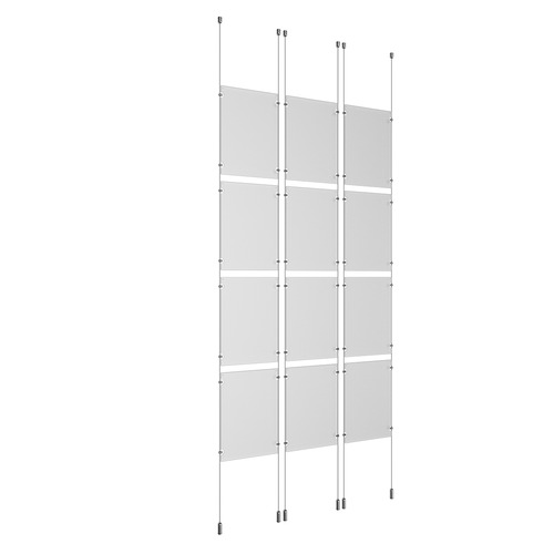 (12) 11'' Width x 17'' Height Clear Acrylic Frame & (6) Ceiling-to-Floor Aluminum Chrome Polished Cable Systems with (48) Single-Sided Panel Grippers