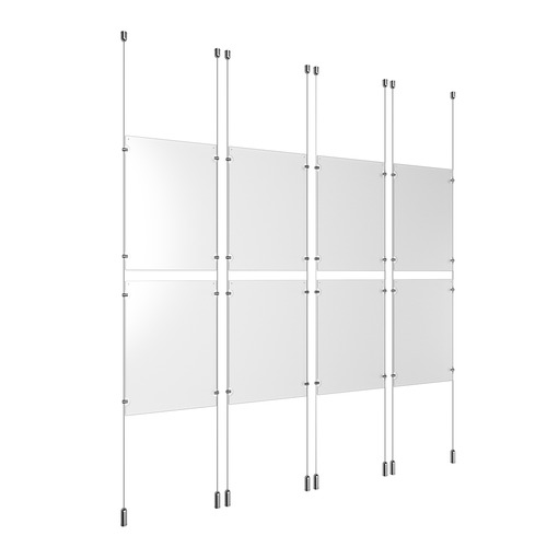 (8) 11'' Width x 17'' Height Clear Acrylic Frame & (8) Ceiling-to-Floor Aluminum Chrome Polished Cable Systems with (32) Single-Sided Panel Grippers