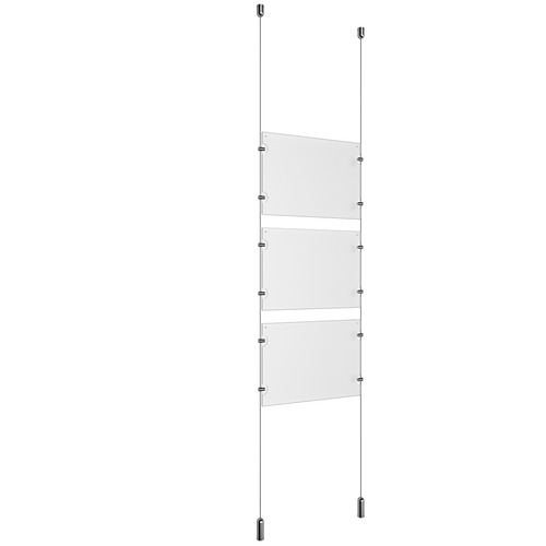 (3) 11'' Width x 8-1/2'' Height Clear Acrylic Frame & (2) Ceiling-to-Floor Aluminum Chrome Polished Cable Systems with (12) Single-Sided Panel Grippers