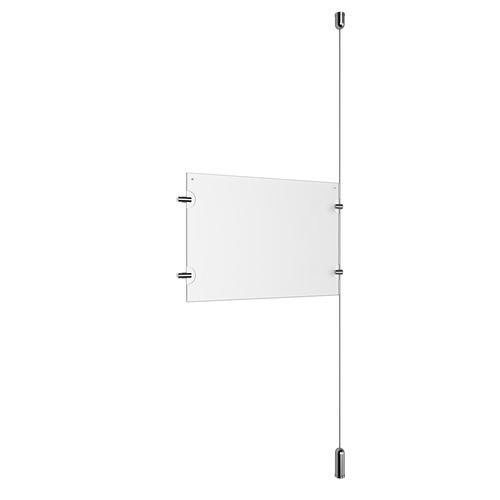(1) 11'' Width x 8-1/2'' Height Clear Acrylic Frame & (1) Ceiling-to-Floor Aluminum Chrome Polished Cable Systems with (2) Single-Sided Panel Grippers (2) Double-Sided Panel Grippers