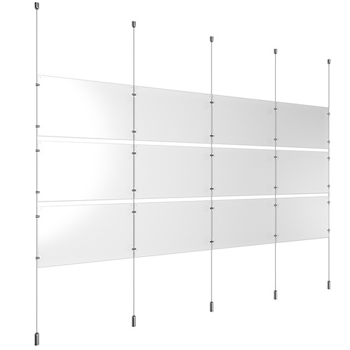 (12) 17'' Width x 11'' Height Clear Acrylic Frame & (5) Ceiling-to-Floor Aluminum Chrome Polished Cable Systems with (12) Single-Sided Panel Grippers (18) Double-Sided Panel Grippers