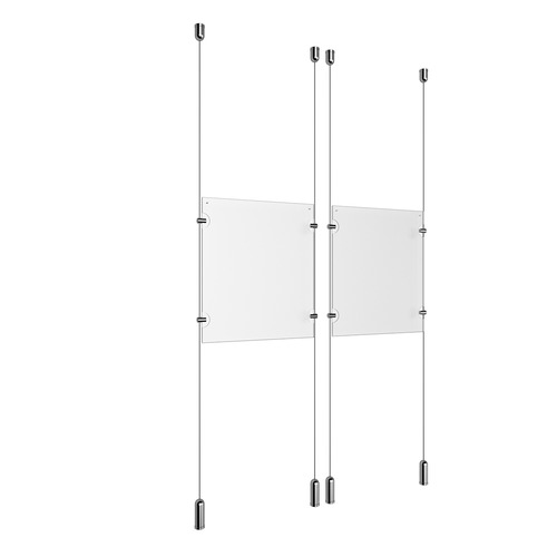 (2) 8-1/2'' Width x 11'' Height Clear Acrylic Frame & (4) Ceiling-to-Floor Aluminum Chrome Polished Cable Systems with (8) Single-Sided Panel Grippers