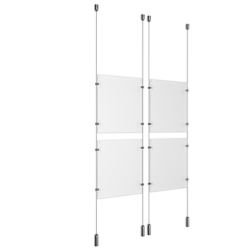 (4) 8-1/2'' Width x 11'' Height Clear Acrylic Frame & (4) Ceiling-to-Floor Aluminum Chrome Polished Cable Systems with (16) Single-Sided Panel Grippers