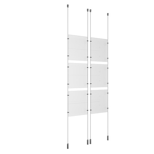 (6) 8-1/2'' Width x 11'' Height Clear Acrylic Frame & (4) Ceiling-to-Floor Aluminum Chrome Polished Cable Systems with (24) Single-Sided Panel Grippers