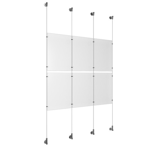 (6) 11'' Width x 17'' Height Clear Acrylic Frame & (4) Wall-to-Wall Aluminum Clear Anodized Cable Systems with (8) Single-Sided Panel Grippers (8) Double-Sided Panel Grippers