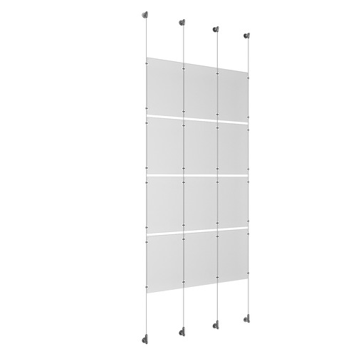 (12) 11'' Width x 17'' Height Clear Acrylic Frame & (4) Wall-to-Wall Aluminum Clear Anodized Cable Systems with (16) Single-Sided Panel Grippers (16) Double-Sided Panel Grippers